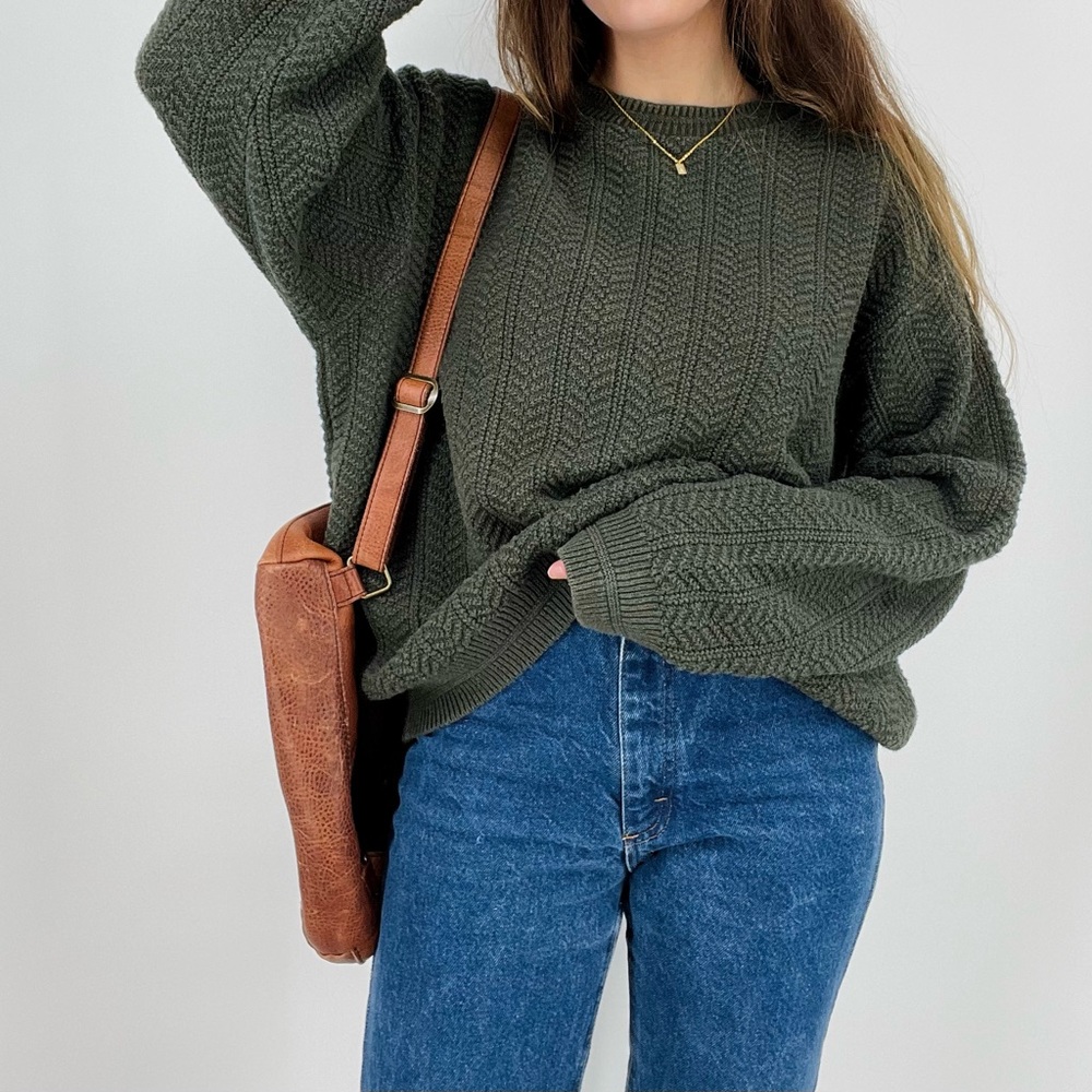 vtg chunky knit oversized crewneck sweater in forest green size L